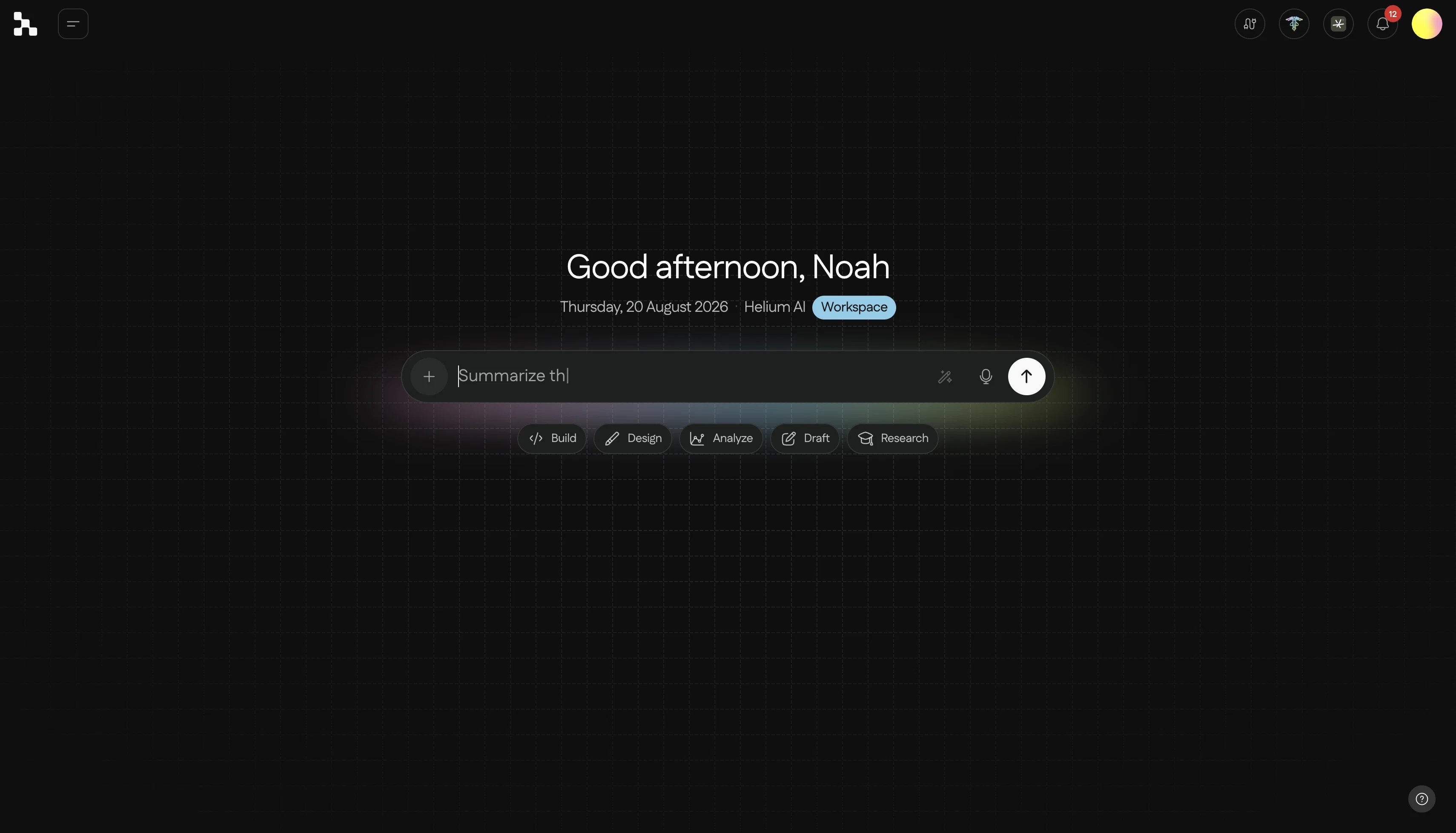 The Helium One workspace: a single prompt bar over the team's shared context, badged with the workspace it belongs to, with Build, Design, Analyze, Draft, and Research modes beneath it.